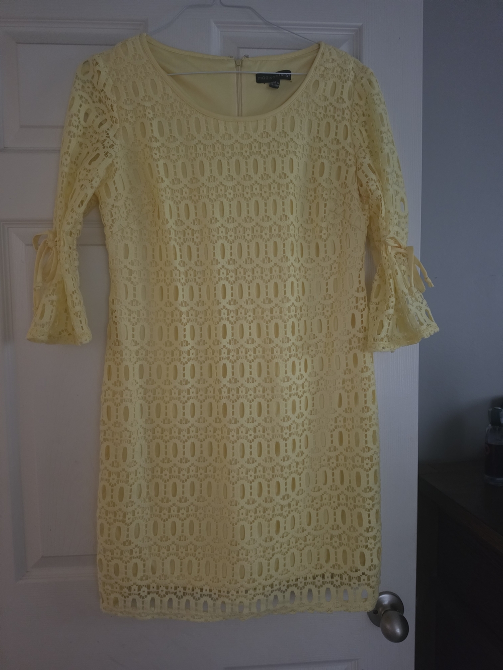 madison leigh Yellow Lace Shift Dress with Tie Sleeves
